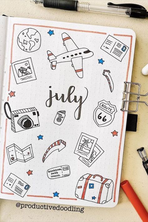 Summer Bullet Journal Cover Ideas Summer Bullet Journal Cover, Bujo Cover Ideas, Journal Front Page Ideas, Monthly Spread Bullet Journal, Month Bullet Journal, Journal Front Page, Summer Bujo, Summer Bullet Journal, Front Page Ideas