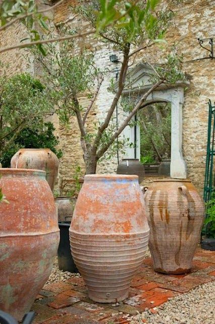 Color Outside the Lines Toscana House, American Backyard, Olivier En Pot, Outdoor Urns, Mediterranean Landscape, Rustic Pots, Olive Jar, Garden Urns, Italian Garden