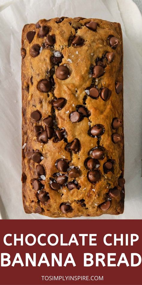 Homemade Chocolate Chip Banana Bread is moist, tender, and loaded with the flavors of sweet bananas and chunky chocolate chips. Perfect snack or breakfast with a cup of tea or coffee! #bananabread #easyrecipe #chocolatechipbananabread Choco Banana Bread, Easy Chocolate Chip Banana Bread, Choc Chip Banana Bread, Chocolate Chip Bread Recipe, Chocolate Chip Banana Bread Recipe, Chocolate Covered Raisins, Peanut Butter Banana Bread, Coffee Bread, Chocolate Chip Bread