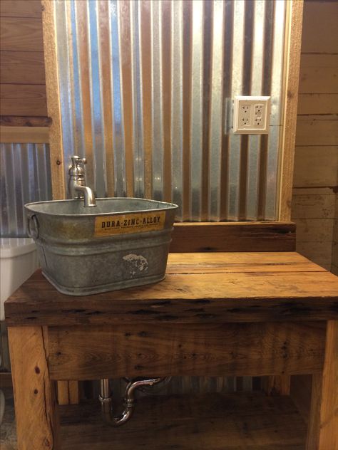 Tin Bathroom Ideas, Galvanized Bathroom, Tin Bathroom, Corrugated Tin, Tin Walls, Rustic Bathrooms, Corrugated Metal, Bathroom Redo, Rustic Bathroom