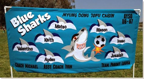 http://diysoccerbanner.blogspot.com/ DIY soccer banner, felt construction on PVC frame Ayso Soccer Banner, Soccer Team Mom, Soccer Team Banners, Kids Soccer Team, Shark Banner, Michigan Basketball, Ayso Soccer, Softball Banner, Baseball Banner