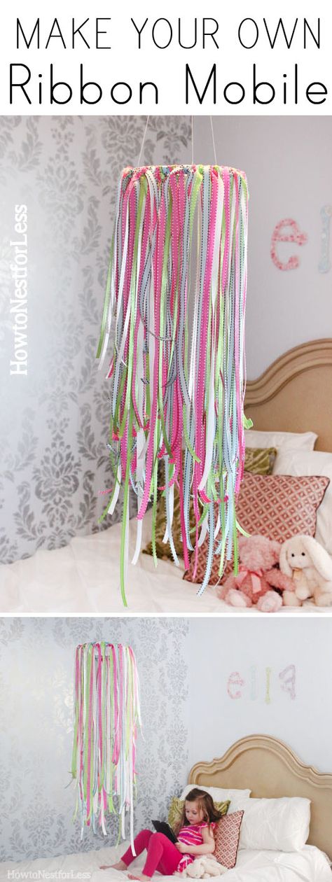 DIY ribbon mobile! Ribbon Mobile, Pinterest Projects, Big Girl Rooms, Diy Ribbon, Ribbon Crafts, The Ceiling, Kids' Room, Girl Room, Home Projects