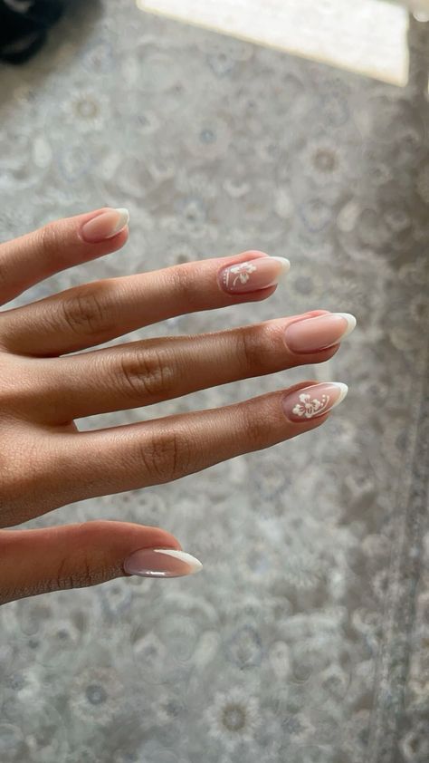 Free and Easy Summer Nail Projects for Beginners Flower On French Nails, Pandas, Almond French Tip Flower Nails, Summer Nail 2024 Trends White, Nails Acrylic Aesthetic Almond, Neutral Nails White Design, French Nails Holiday, Almond Summer French Tip Nails, French Tip Hibiscus Almond Nails