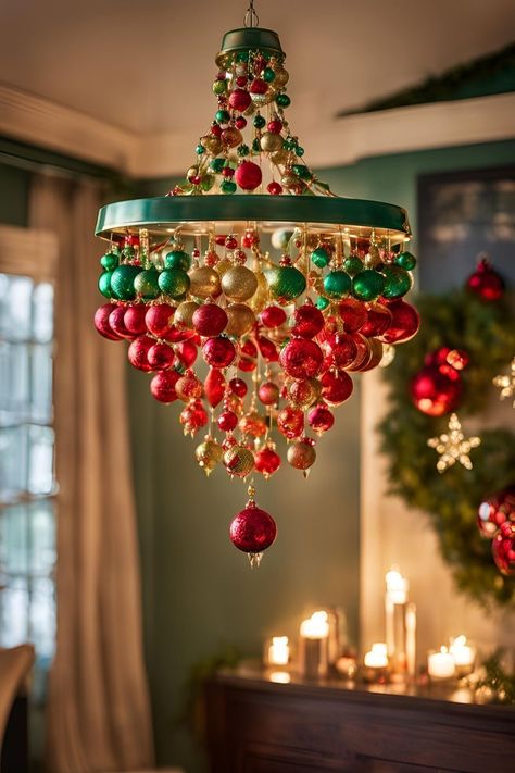 Christmas ball chandelier DIY, festive chandelier decoration ideas, DIY holiday chandelier projects, colorful Christmas chandelier decor, creative chandelier Christmas ideas. Christmas Diy Chandelier, Christmas Decor Ideas For Chandelier, Ornament Chandelier Diy, Bauble Chandelier, Decorate Chandelier For Christmas, Diy Christmas Chandelier, Christmas Ceiling Decorations Ideas, Christmas Chandelier Ideas, Chandelier Christmas Decor