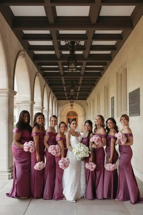 Wine And Mauve Wedding, Mauve Rose Bridesmaid Dress, Vintage Wedding Bridesmaids, Dusty Rose And Mauve Bridesmaid Dresses, Stylish Bridesmaid Dresses, Mauve Pink Bridesmaid Dress, Dark Rose Bridesmaid Dresses, Purple And Pink Bridesmaid Dresses, Muave Aesthetic Wedding