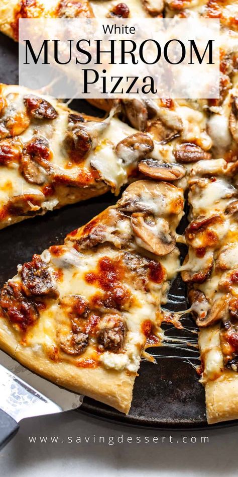 Naan White Pizza, Pizza Combinations Ideas, White Mushroom Pizza, Pizza Recipes Vegetarian, Spinach Mushroom Pizza, Mushroom White Sauce Pizza, Great White Pizza Mellow Mushroom, Sausage Mushroom Pizza, Portabella Mushroom Pizza