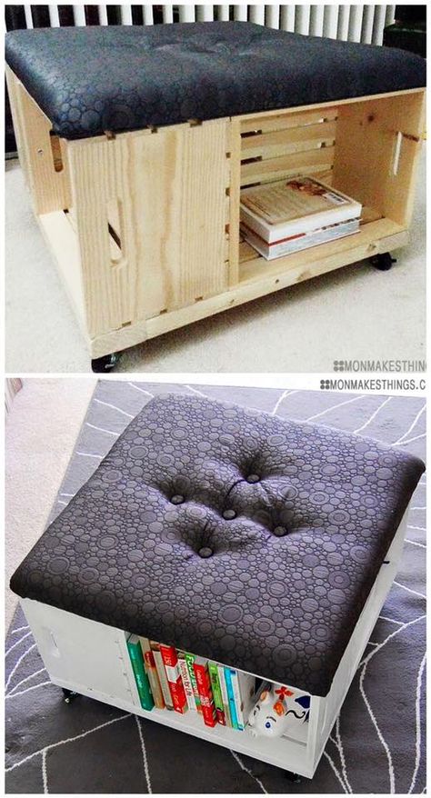 Livingroom Storage, Diy Storage Ottoman, Industrial Wood, Diy Holz, Wood Crates, Storage Hacks, Wooden Crates, Ikea Hack, Diy Projects To Try