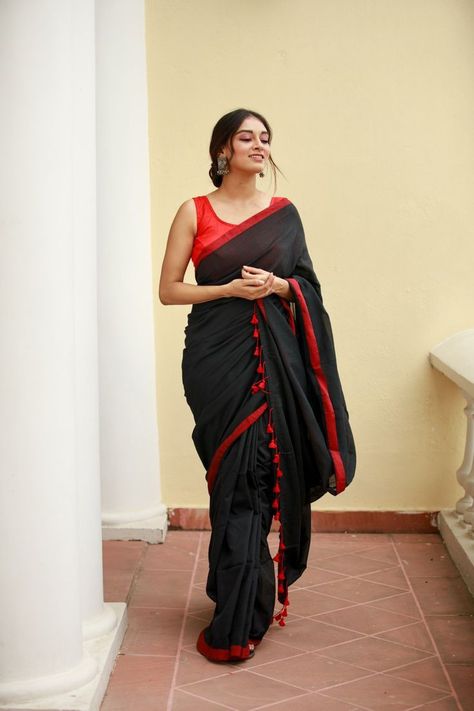 Black Saree Red Blouse Combination, Red Black Saree Look, Black Saree With Red Blouse, Saree Hair Styles, Red And Black Saree, Black And Red Saree, Red Blouse Design, Black Cotton Saree, Black And White Saree