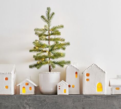 Pottery Barn Christmas, Wood Snowflake, Holiday Lookbook, Christmas Village Houses, Christmas Decorations Living Room, Christmas Living Rooms, Christmas Villages, Ceramic Houses, Miniature Houses