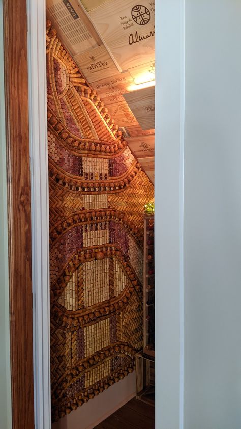 Wine cork wall in a closet, turned into wine storage. #cork #corkwall #corkdesign #corkart Cork Van Interior, Cork Wallpaper Ideas, Princesses Bedroom, Cork Wallpaper Living Room, Wine Cork Storage, Cork Building, Natural Cork Wallpaper, Wine Cork Wall, Cork Display