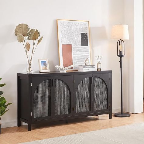 Amazon.com - Modern Black Rattan Storage Cabinet - Freestanding Arched Buffet Sideboard with Metal Handles for Dining Room, Living Room, Entryway - Buffets & Sideboards Black Buffet Sideboard, Black Sideboard Buffet, Rattan Storage Cabinet, Black Buffet, Freestanding Storage Cabinet, Large Storage Cabinets, Black Rattan, Wood Table Legs, Rattan Storage