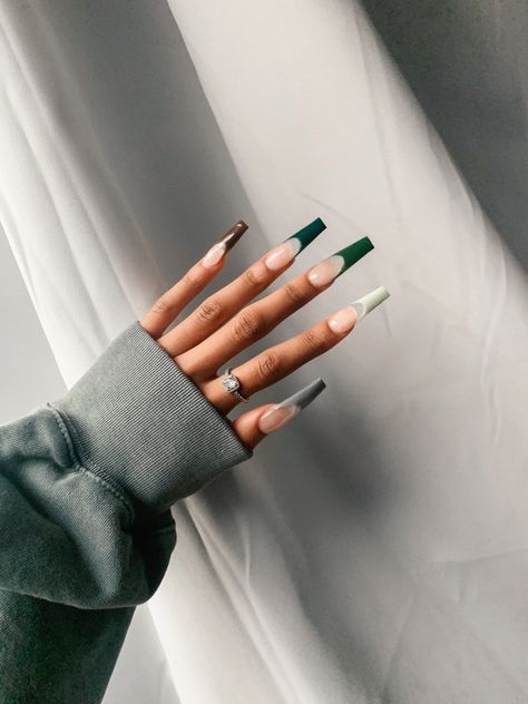 Green And Brown French Tips, Nail Inspo Brown And Green, Green And Brown Nails Coffin, Different Color Brown Nails French Tip, Green Outline French Tip Nails, French Tip Green, Long Nails Black, Nail Inspo French Tip, Nail Inspo French