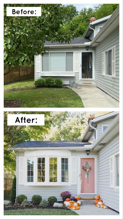 #ad Check out our home before and after our new bow window was installed by Universal Windows Direct! It has added so much curb appeal to the outside of our home! Bay Window Before And After, Bow Window Ideas Exterior, Window Update Exterior, Adding Windows To House Before And After, Before And After Window Replacement, Exterior Picture Window, Replacement Windows Before And After, New Windows Exterior Before And After, Front House Windows Ideas