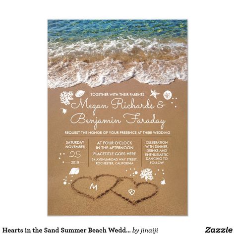 Hearts in the Sand Summer Beach Wedding Invitation (paid link) #weddinginvitations #beachweddings Summer Save The Date, Beach Wedding Invitation, Wedding Sand, Bachelor Parties, Summer Beach Wedding, Beach Wedding Decorations, Seaside Wedding, Beach Wedding Invitations, Save The Date Postcards