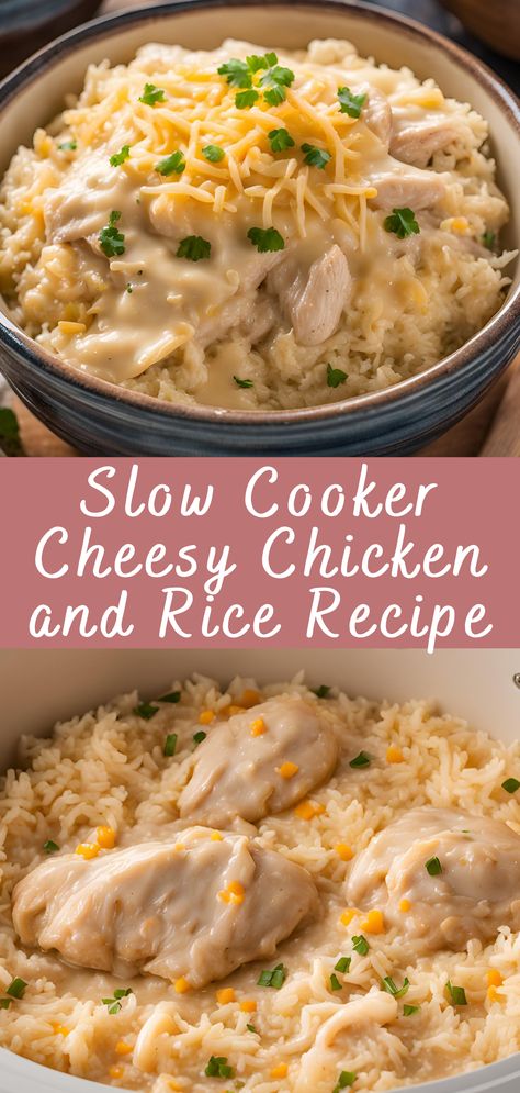 Slow Cooker Cheesy Chicken and Rice Recipe | Cheff Recipes Easy Crock Pot Chicken And Rice, Comfort Meals Crock Pot, Slower Cooker Chicken And Rice, Crockpot Recipes 6-8 Hours, Cheesy Chicken And Rice Crockpot Recipes, Crock Pot Creamy Chicken And Rice Soup, Simple Crockpot Recipes Healthy, Creamy Chicken And Rice Crockpot Recipes, Crock Pot Cheesy Chicken And Rice