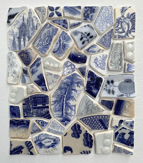 mosaic composition with vintage blue china Blue Mosaic Tile, Mosaic Art Projects, Found Object Art, Blue Mosaic, Vintage Tile, Mosaic Garden, Blue Pottery, Ceramics Pottery Art, Mosaic Diy