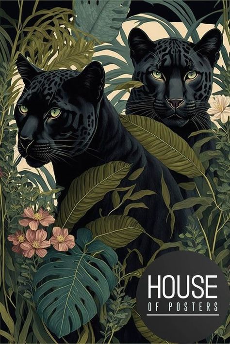 Panther Mural, Black Panther Illustration, 3d Tipografi, Endangered Species Art, Jungle Poster, Jungle Flowers, Leopard Art, Animal Illustration Art, Tropical Animals