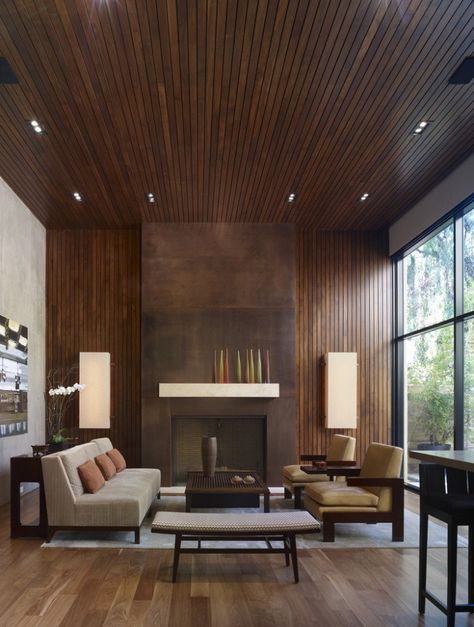 18+ Wood Panel Ceiling Designs, Ideas | Design Trends - Premium PSD, Vector Downloads Midcentury Wood Panel Wall, Dark Wooden Ceiling, Oak Ceiling Living Room, Herringbone Wood Ceiling, Wood Panel Ceiling Living Room, Wood Paneled Fireplace, Panel Ceiling Ideas, Living Room Exposed Beams, Wood Paneling Ceiling