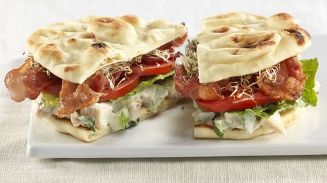 Naan Rounds Bacon Chicken Salad Sandwich – Stonefire Authentic Flatbreads Naan Rounds Ideas, Naan Rounds Recipes, Naan Bread Sandwich Ideas, Naan Sandwich Ideas, Naan Sandwiches, Sundried Tomato Pizza, Naan Sandwich, Cranberry Pecan Brie, Bacon Chicken Salad