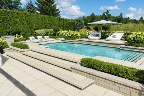 Swimming Pool Trends, Concrete Material, Inground Pool Landscaping, Rectangle Pool, Pool Shade, Landscaping Backyard, Pools Backyard Inground, Swimming Pool Landscaping, Pool Landscape Design