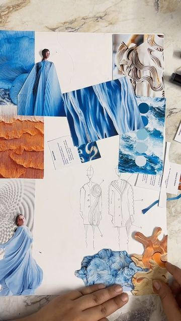 Illustrations By Mohita | Fashion Designer on Instagram: "Designs inspired by waves offer a sense of fluidity, movement, and elegance. Here are some examples of how the concept of waves can be incorporated into various design elements Basically this is a research board which you can show to your client or can also include in your fashion portfolio to show the ideation of your inspiration- I have made a rough representation of sketches to just to show the design elements regarding my theme. So Wave Fashion Design, Ride The Wave Theme Dress, Ocean Inspiration Board, Nature Inspired Fashion Design, Client Board Fashion Design, Moodboard Fashion Design Inspiration, Concept Board Fashion, Sea Movement, Enclothed Cognition