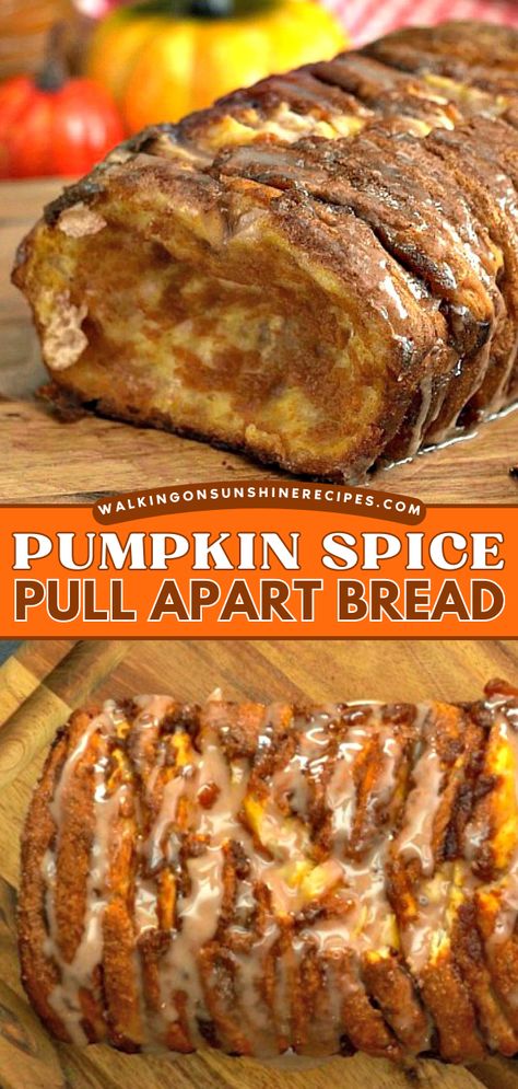 This Pumpkin Spice Pull Apart Bread is an easy pumpkin dessert made with canned pumpkin puree and refrigerator biscuits. This homemade bread makes a great Fall dessert recipe! Dessert Bread, Pumpkin Spice Pull Apart Bread, Bread Pull Apart Recipes, Baked Breads, Recipes Pumpkin, Walking On Sunshine, Pumpkin Recipes Dessert, Pull Apart Bread, Bread Recipes Sweet