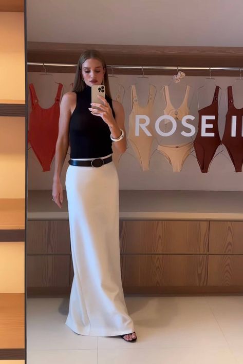 The $70 Skirt I'm Buying to Re-Create Rosie HW's Outfit | Who What Wear White Satin Maxi Skirt Outfit, Column Skirt Outfit, Ivory Skirt Outfit, Maxi Skirt Office Outfit, White Slip Skirt Outfit, White Silk Skirt Outfit, Senora Era, White Satin Skirt Outfit, Silk Maxi Skirt Outfit