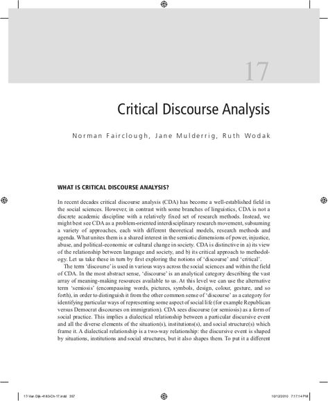 17 Critical Discourse Analysis Norman Fairclough, Jane Mulderrig, Ruth Wodak  What is Critical Discourse Analysis? In rece... Critical Discourse Analysis, Thesis Hacks, Discourse Analysis, Thesis Statement Examples, Thematic Analysis, Critical Analysis, Writing Support, Math Organization, Thesis Writing