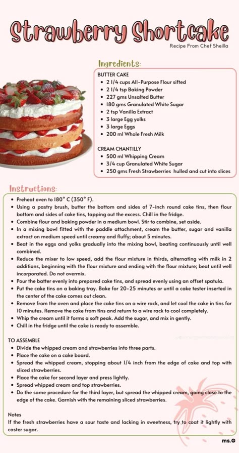 Strawberry And Cream Cake Recipe, Different Dessert Recipes, Aesthetic Recipe Book, Cute Recipes, Cottagecore Recipes, Strawberry Shortcake Recipe, Homemade Recipe Books, Kitchen Witch Recipes, Written Recipes