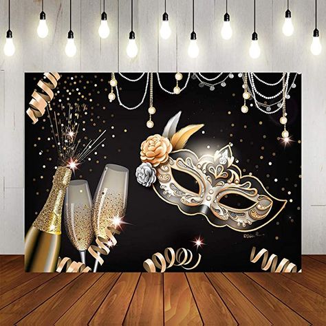 Amazon.com : Masquerade Party Backdrops Retro Gold Black Mask Carnival Birthday Photography Backdrop 7x5ft Vinyl Fiesta Mardi Gras Dance Photo Background Champagne Glass Photo Booths Props Decorations : Electronics Nye Masquerade Party Ideas, Maskerade Ball Party Ideas, Maskara Party Masquerade Ball, Big Masquerade Mask Decoration, Bridal Shower Masquerade Theme, Bloodwood Masquerade Party, Ball Gown Themed Birthday Party, Mask Theme Party Decorations, Masquerade Party Centerpieces Table Decorations