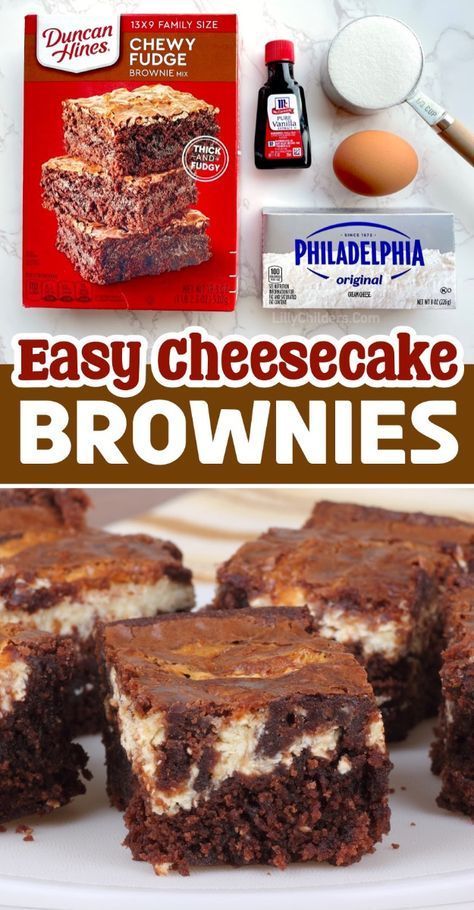 👩‍🍳🍫🙌 So easy and yet insanely delicious! This is how you take a box of brownie mix and turn it into an impressive homemade dessert. Simply mix together a block of softened cream cheese with an egg and ⅓ cup sugar to make an easy cheesecake batter, and then dollop the mixture over the brownie batter in a 9x13 baking dish. Use a knife or fork to swirl it around into a marbled effect. Bake at 350° F for 35-40 minutes and you've got the yummiest, gooiest, cheesecake brownies! My family loves this easy dessert idea. Cream Cheese Box Brownies, Box Brownies With Cream Cheese Swirl, Brownie Mix With Cream Cheese, Marbled Brownies Cream Cheese, Chocolate Brownie Dessert Ideas, Dump And Bake Dessert Recipes, What Can You Make With Box Brownies, Box Brownies With Cream Cheese, Brownie And Cream Cheese Recipes