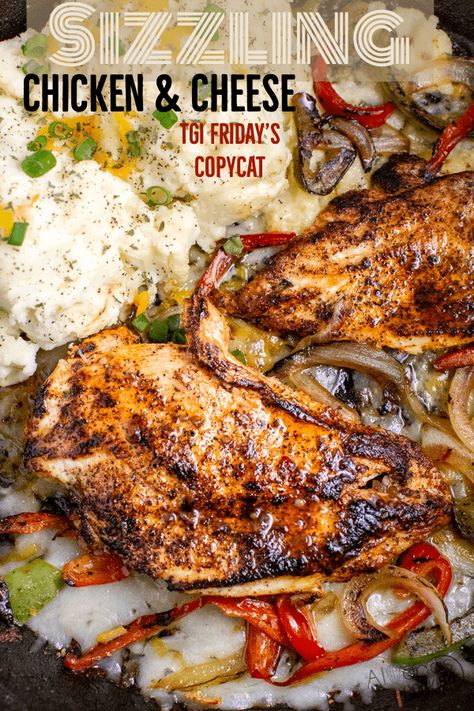 seared chicken breast over cheesy mashed potatoes and sautéed bell peppers just like TGI Fridays chicken dish! Sizzling Chicken And Cheese, Easy Marinated Chicken, Sizzling Chicken, Chicken And Cheese Recipes, Cheese Mashed Potatoes, Chicken And Cheese, Best Mashed Potatoes, Chicken And Shrimp Recipes, Chicken And Shrimp