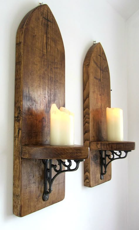 PAIR OF HUGE 80CM GOTHIC ARCH RUSTIC SOLID PLANK WOOD WALL SCONCE CANDLE HOLDER Gothic Arch, Wooden Objects, Rustic Home Interiors, Wooden Things, Scaffold Boards, Rustic Wall Sconces, Pallet Crafts, Wall Candle Holders, Candle Wall Sconces