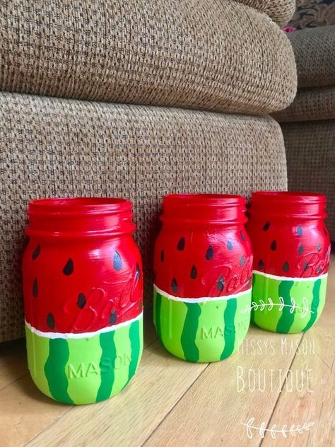 Jar Decorating Ideas, Watermelon Picnic, Watermelon Crafts, Watermelon Decor, Watermelon Designs, Watermelon Birthday, Diy Glass Bottle Crafts, Sales Pitch, Diy Dollar Tree Decor