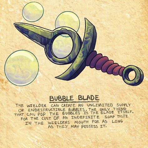 Tales of a Maze Dweller 96/?] “Bubble Blade" (LOOT DROP) . . . Me and my posse blew so many damn bubs yesterday, it was craaaazaaaay 🤙… Fun Magical Items Dnd, Useless Magical Items Dnd, Silly Magic Items Dnd, Dnd Wepon Ideas, Dnd 5e Cursed Magic Items, Fantasy Costco, Rpg Items, Homebrew Items, Dnd Stats