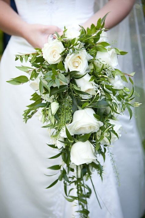 Pretty Cascade Wedding Bouquet With White Florals & Several Varieties Of Greenery & Foliage Petite Cascading Bouquet, Small Cascade Bouquet, Forest Bouquet, Oxford Town, Trailing Bouquet, White Rose Bridal Bouquet, Elegant Bridal Bouquets, Bridal Accesories, Greenery Wedding Bouquet