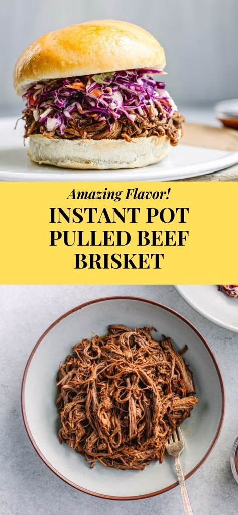 Tasty Instant Pot Pulled Beef Brisket! The meat is cooked in a sweet and tangy homemade sauce that is quite similar to BBQ sauce. As a result, it’s very juicy, tender and will melt in your mouth. Served on a bun and homemade coleslaw. Instant Pot Pulled Beef, Pulled Beef Brisket, Instant Pot Brisket, Sandwich Salad, Beef Brisket Recipes, Pulled Beef, Slow Cooked Meat, Smoked Beef Brisket, Beef Sliders