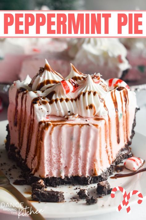 slice of peppermint pie with a bite out of it Peppermint Ice Cream Pie With Oreo Crust, Peppermint Ice Cream Pie, Peppermint Stick Ice Cream, Peppermint Pie, Dance Around The Kitchen, Holiday Ice Cream, Delicious Holiday Desserts, Cinnamon Roll Cheesecake, Fudge Ice Cream