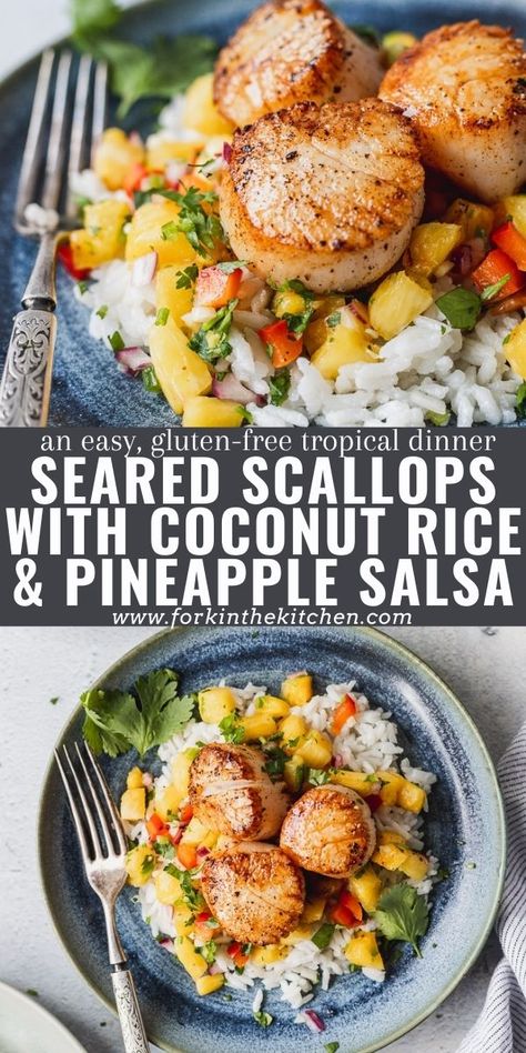 Seared Scallops with Coconut Rice and Pineapple Salsa will instantly give you all the island vibes, transporting you instantly to the beach with the first bite. Perfectly pan-seared scallops with a golden brown exterior sit atop a pile of sweet, vibrant pineapple salsa and creamy coconut rice for the ultimate trifecta of flavors. You'll love this easy dinner that's ready in under 30 minutes! Want an even quicker weeknight dinner? There are Instant Pot directions for cooking the rice too! Fish Summer Recipes, Dairy Free Scallops Recipe, Spring Fish Recipes, Thai Scallop Recipes, Summer Scallop Recipe, Tropical Dishes Food, Quick Summer Recipes, Summer Pescatarian Recipes, Gluten Free Spring Recipes