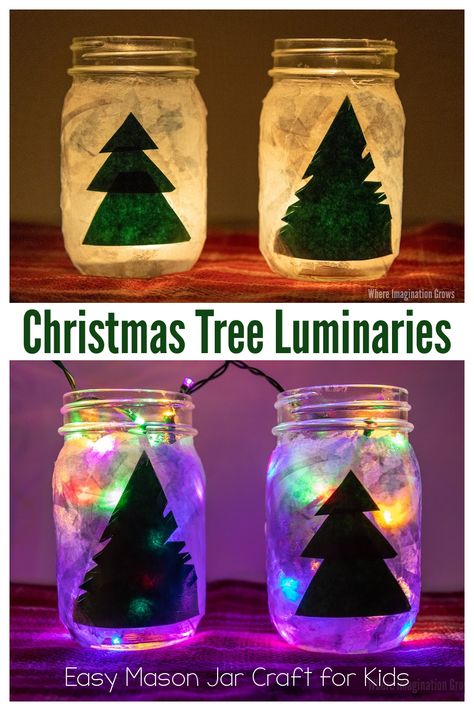 Mason Jar Lanterns Christmas, Elementary Age Christmas Crafts, Christmas Mason Jar Crafts For Kids, Nativity Mason Jar, Kid Christmas Craft Ideas, Christmas Light Jars Diy Projects, Mason Jar Luminaries Christmas, Mason Jar Christmas Tree, Diy Gifts Kids Can Make For Christmas