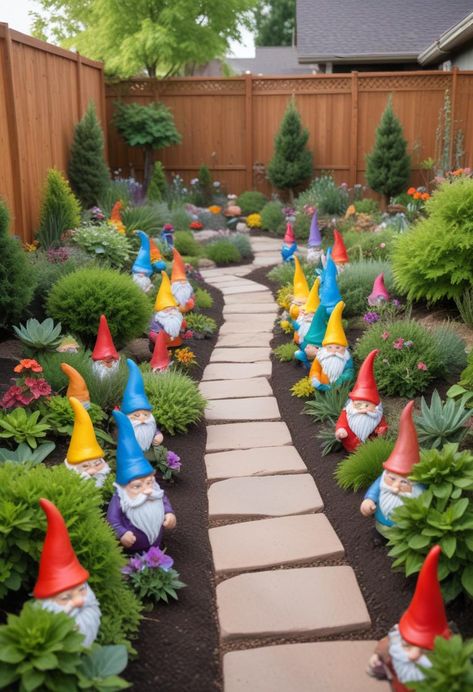 Add a fun and whimsical touch to your garden with custom gnomes! Paint your own or find unique designs to showcase your personality. Flat Backyard, Modern Outdoor Seating, Japanese Stone Lanterns, Outdoor Fire Pit Area, Rose Arbor, Stamped Concrete Patio, Vertical Garden Wall, Small Fountains, Herb Planters