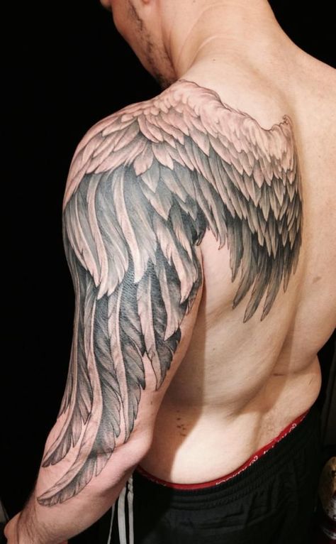 detailed back and arm wing tattoo for men Angel Wing Tattoo, Alas Tattoo, Wing Tattoo Men, Believe Tattoos, Sanskrit Tattoo, Tattoo Dotwork, Cool Arm Tattoos, Angel Wings Tattoo, Wing Tattoo