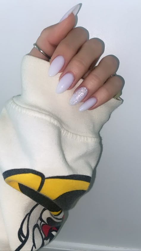 Milky white nails gel diamond nails almond shape Milky White Design Nails, Milky White Nails With Glitter Almond, White With Glitter, Milky White And Glitter Nails, Nail Ideas Milky White, Almond Milky White Nails, Milky White Nails Glitter, Almond Nails Milky White, Milky White Nails With Design Almond