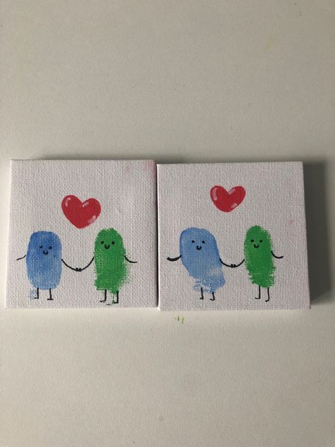 Small Canvas Paintings Matching, Best Friends Hand Painting, Painting Ideas For Couples To Do Together, Finger Painting Ideas For Couples, Bsf Hand Print Painting, Painting Ideas For 4 Friends, Thumb Print Painting Ideas, Thumb Couple Painting, Couple Canvas Painting Diy Thumb Print