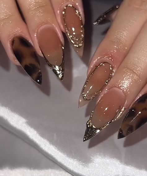 Brown And Leopard Nails, Leopard Print Almond Nails, Nail Art Designs Leopard, Rings Coquette, Leopard French Nails, Tiger Print Nails, Nail Art Leopard, Uñas Coquette, Picasso Nails