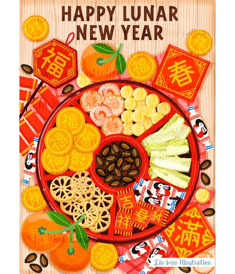 Chinese New Year Design Illustration, Lunar New Year 2024, Chinese New Year Drawing, Chinese Food Illustration, Tet Illustration, Cny Illustration, Chinese New Year Painting, Lunar New Year Illustration, Lunar New Year Art