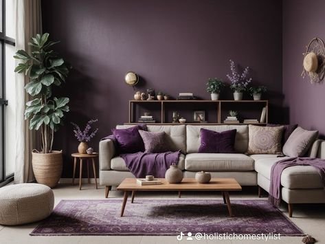 Soothing and relaxing! . . . . . . #livingroomideas #livingroominspirations #moodylivingroom #moodyinteriors #moodydecor #holistichome #holisticliving #holisticinteriordesign #boholivingroom #bohohomestyling ##bohointeriors #purplepaint #purpleaccentwall #purplepaintcolors #digitalhomedesign #aidesign Plum Lounge Living Rooms, Modern Purple Living Room, Purple Accent Wall Living Room, Mauve Living Room Ideas, Living Room Ideas Purple, Plum Living Room Ideas, Plum Interiors, Lilac Living Rooms, Plum Living Room