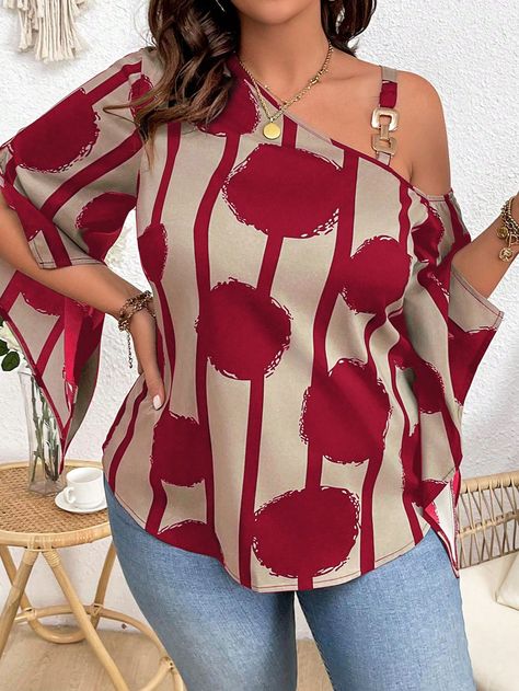 Plus Size Women's Geometric Striped Asymmetrical Collar Shirt Red Casual  Three Quarter Length Sleeve Fabric All Over Print Top Non-Stretch  Women Plus Clothing, size features are:Bust: ,Length: ,Sleeve Length: Woman Tops Blouses, African Print Tops For Women, Female Senator Wears, Tops For Plus Size Women, Plus Size Halter Top, Solange Style, Simple Dress Styles, African Tops For Women, Plus Size Summer Casual