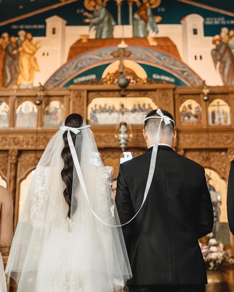 Moments before the happy couple said "I do" 🤍 📍 St George Greek Orthodox Church Orthodox Wedding Aesthetic, Greek Church Wedding, Orthodox Couple, Serbian Wedding, Greek Weddings, Church Wedding Photos, Greek Orthodox Christian, Greek Orthodox Wedding, Wedding Group Photos