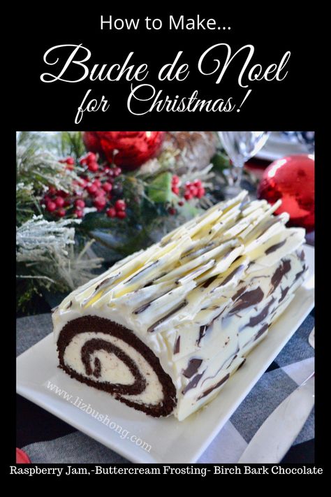 Birch Bark Chocolate Raspberry Yule Log - Liz Bushong Jam Buttercream, Roll Desserts, Yule Log Cake Recipe, Yule Log Recipe, Cake Raspberry, Chocolate Yule Log, Japanese Heritage, Chocolate Roll Cake, Roll Cakes